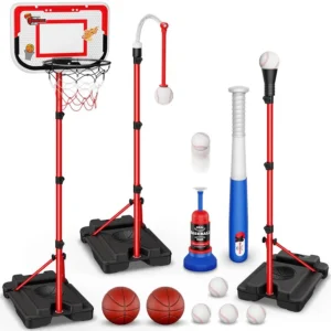 in 1 Kids Basketball Hoop and TBall Set Adjustable Hanging TBall Stand with Automatic Pitching Machine, Indoor Outdoor Sports To